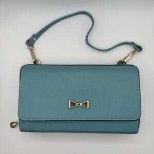Cache Cache Blue Saffiano Leather Crossbody Wallet Bag Gold Bow Accent NWT